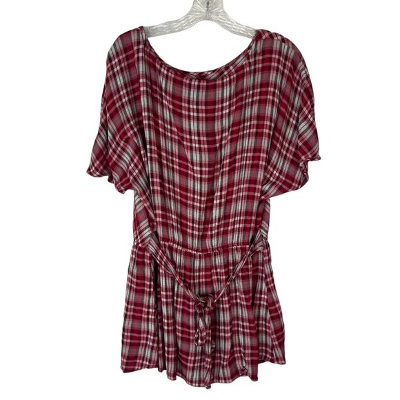 Lane Bryant Blouse Womens Size 20 Red Brown Plaid Back Tie Summer - Picture 2 of 8